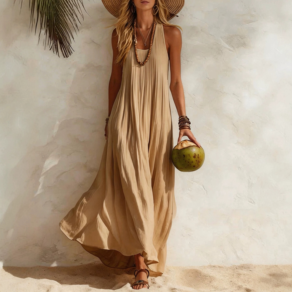 Women's Camel Sleeveless Scoop-Neck Relaxed Swing Maxi Dress
